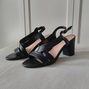 Black Genuine Leather Chunky Heel Sandals